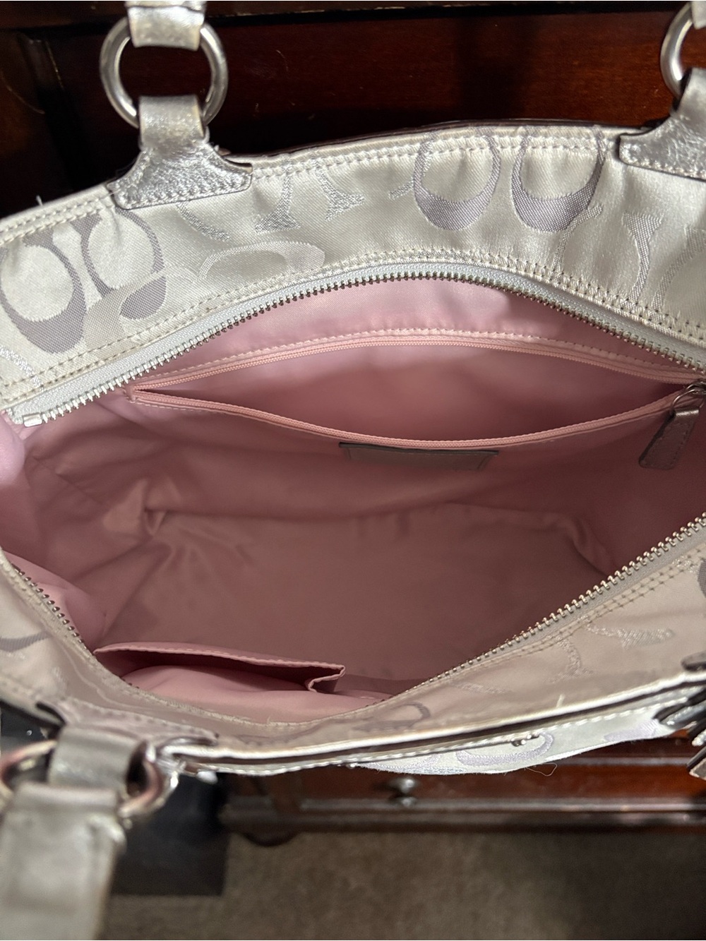 Beautiful Coach Silver and Light Gray Signature Tote with Metallic Trim - Picture 3 of 9
